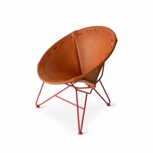 Furniture | Saddle Leather Round Chair In Natural With Strawberry Red Base